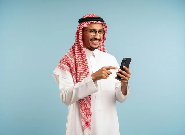 رجل سعودي بالزي التقليدي يستخدم الهاتف الذكي