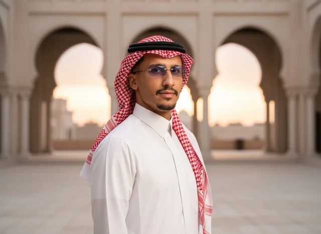 رجل سعودي بالثوب والشماغ أمام عمارة إسلامية