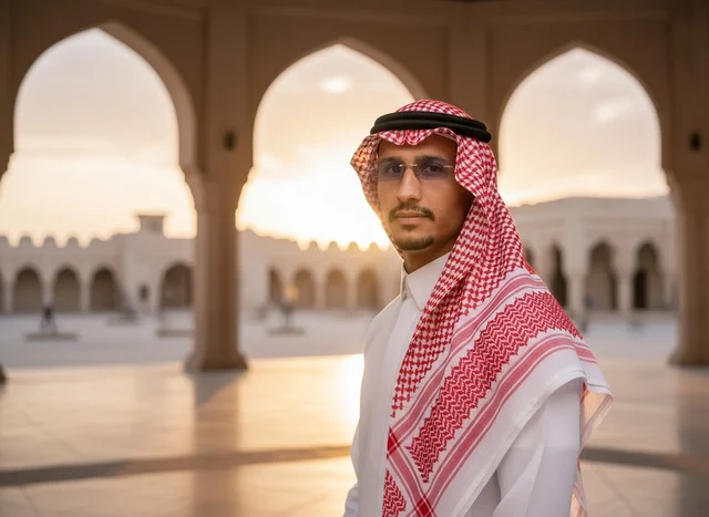 رجل سعودي بالزي التقليدي أمام أقواس معمارية عند الغروب