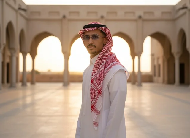 شاب سعودي بالزي التقليدي في فناء تراثي وقت الغروب