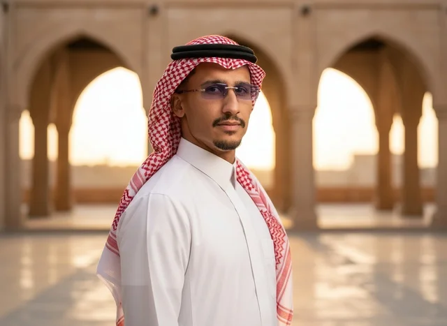 رجل سعودي بالزي التقليدي أمام مبنى تراثي