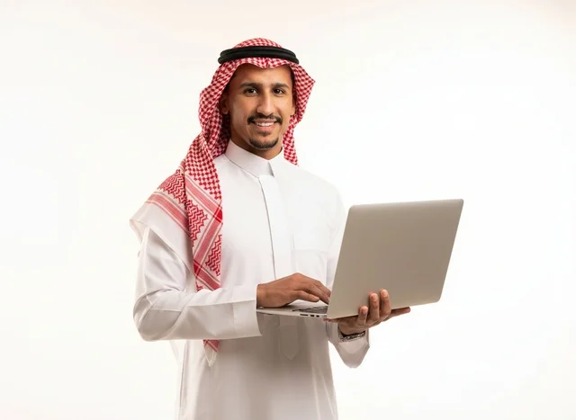رجل سعودي بالزي التقليدي يستخدم جهاز كمبيوتر محمول