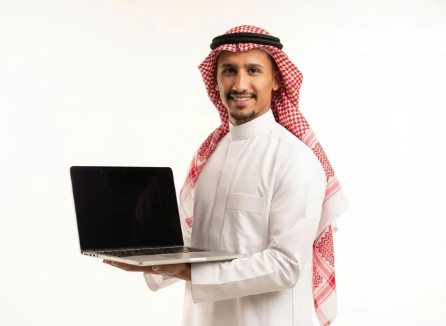 Saudi Businessman Holding Laptop on White Background