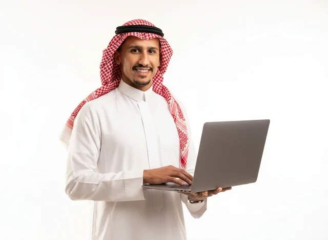 رجل أعمال سعودي يحمل كمبيوتر محمول بخلفية بيضاء