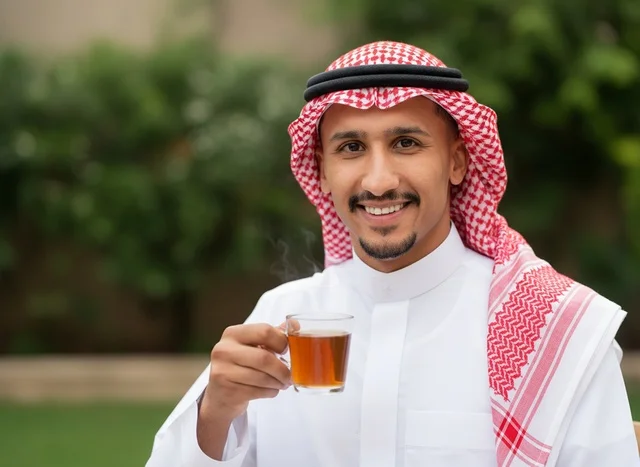 رجل سعودي بالزي التقليدي يشرب الشاي في الحديقة