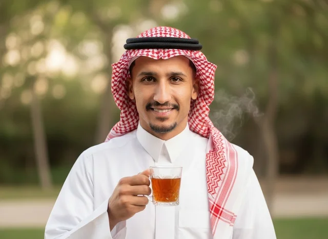 Saudi Man in Traditional Thobe Holding Hot Tea