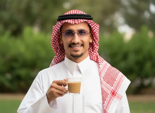 رجل سعودي بالزي التقليدي يشرب شاي بالحليب