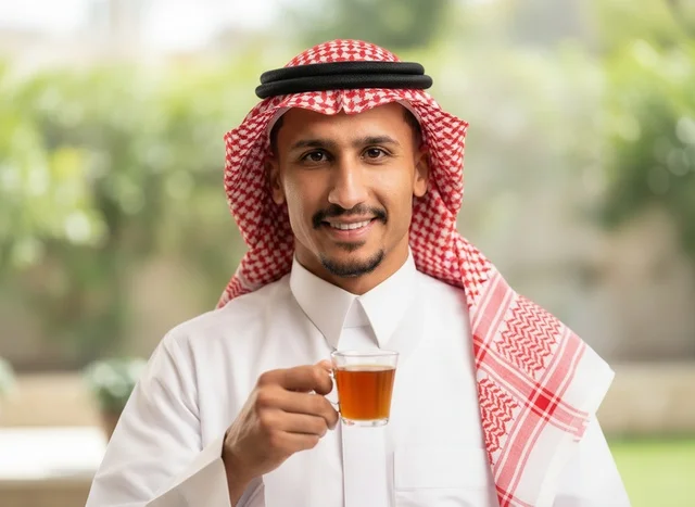 رجل سعودي بالزي التقليدي يمسك كوب شاي