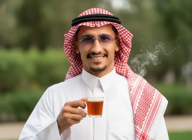 Saudi Man in Traditional Attire Holding Tea Outdoors