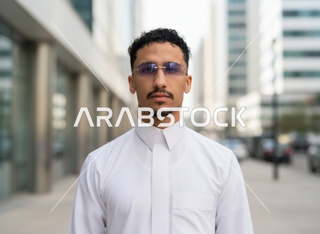 رجل سعودي بالثوب الأبيض في حي مالي حديث
