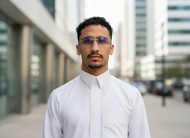 Saudi Man in White Thobe in Modern Business District