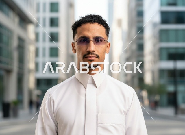 رجل سعودي بالثوب الأبيض في منطقة أعمال حضرية