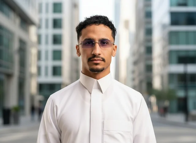 رجل سعودي بالثوب الأبيض في منطقة أعمال حضرية