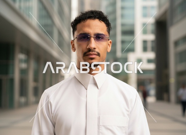 رجل سعودي بالثوب الأبيض في منطقة أعمال حضرية