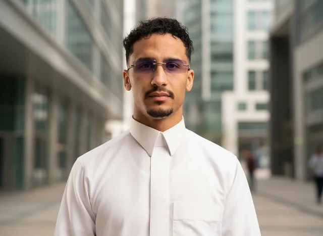 Saudi Man in White Thobe in Urban Business District