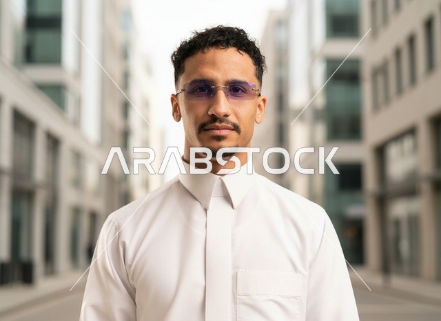 شاب سعودي يرتدي الثوب الأبيض ونظارات في خلفية حضرية