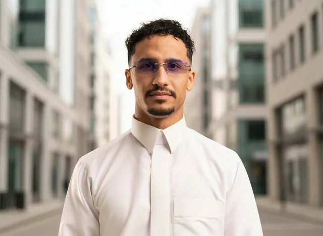 Young Saudi Man in White Thobe and Tinted Glasses Urban City