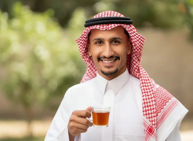 رجل سعودي بالزي التقليدي يحمل كوب شاي