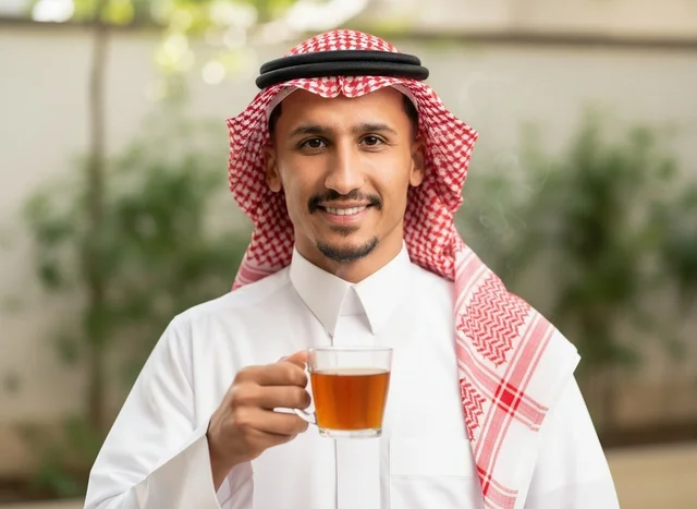 Saudi Man in Traditional Thobe Holding Tea Outdoors