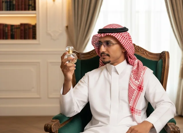 Saudi Man in Traditional Thobe Holding Perfume Bottle