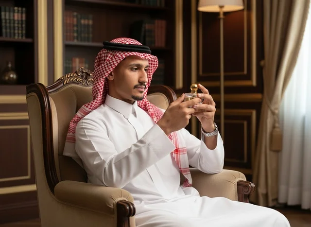 Saudi Man in Traditional Thobe Examining Perfume Saudi Man in Traditional Thobe Examining Perfume