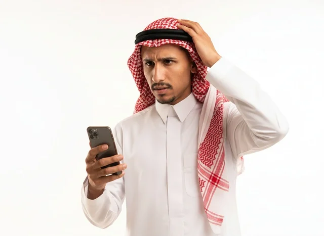 رجل سعودي مرتبك يستخدم الهاتف الذكي بخلفية بيضاء