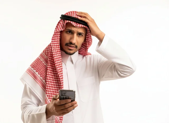 رجل سعودي مرتبك يحمل هاتفه الذكي بخلفية بيضاء