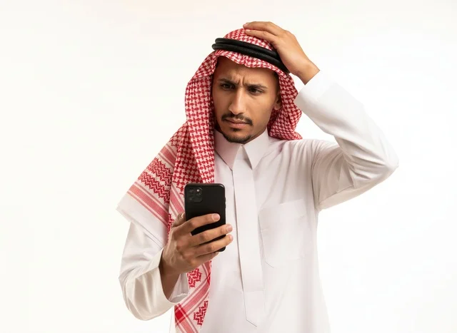 رجل سعودي مرتبك يحمل هاتف ذكي بخلفية بيضاء