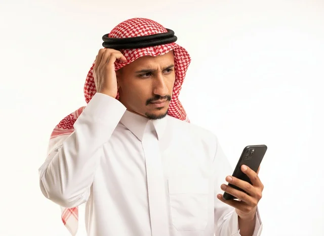 Confused Saudi Man Looking at Smartphone