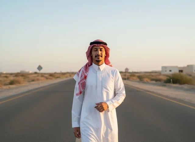 رجل سعودي بالزي التقليدي يمشي على طريق صحراوي