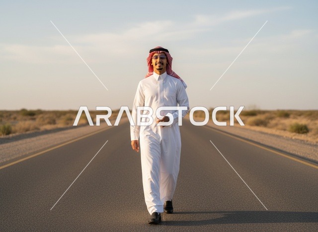 Saudi Man Walking on Empty Desert Road in Traditional Dress