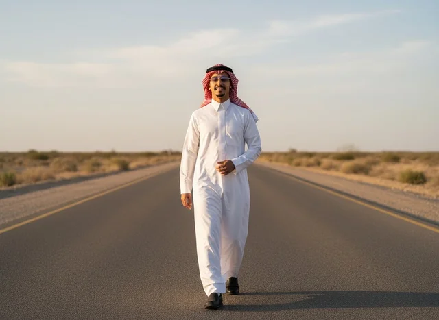 Saudi Man Walking on Empty Desert Road in Traditional Dress