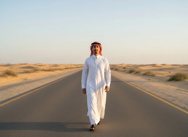 رجل سعودي بالزي التقليدي يمشي في طريق صحراوي