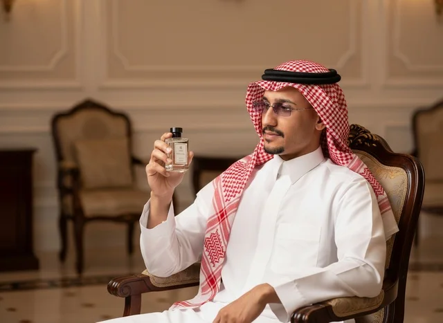 رجل سعودي بالزي التقليدي يحمل زجاجة عطر فاخرة