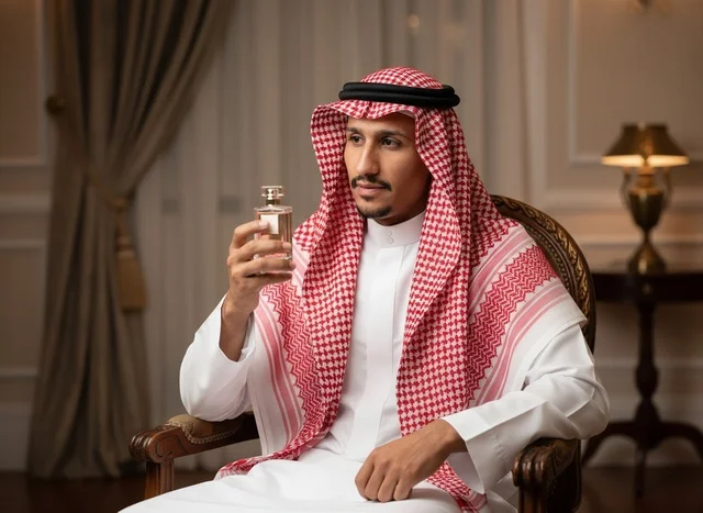 رجل سعودي بالزي التقليدي يشم زجاجة عطر فاخرة
