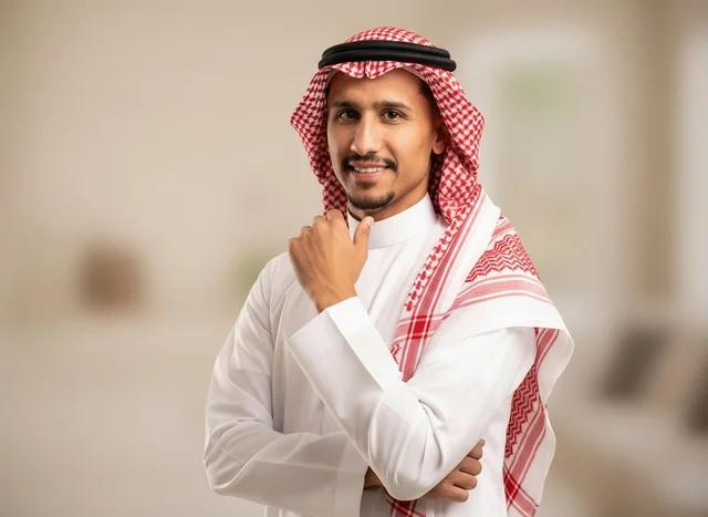 Saudi Man in Traditional White Thobe and Ghutra
