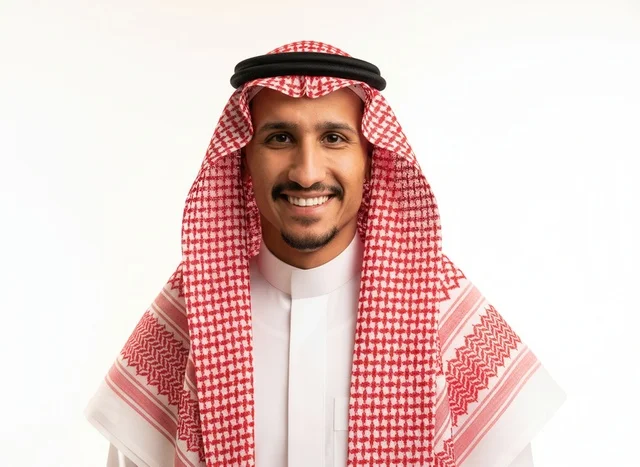 بورتريه لرجل سعودي مبتسم بالثوب والشماغ التقليدي
