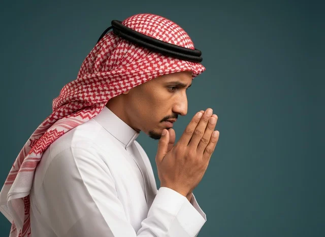Saudi Man in Traditional Attire Praying in Profile