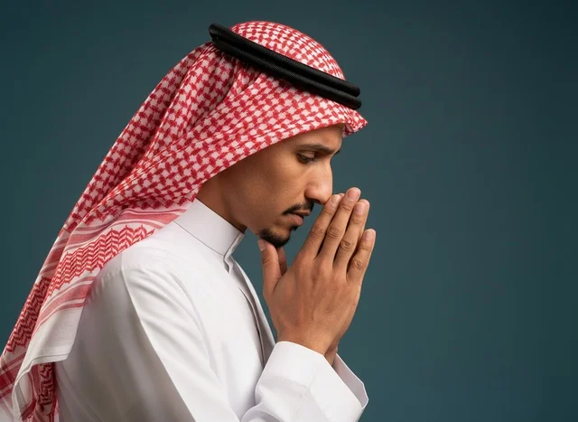 رجل سعودي بالزي التقليدي في وضعية الدعاء والتأمل