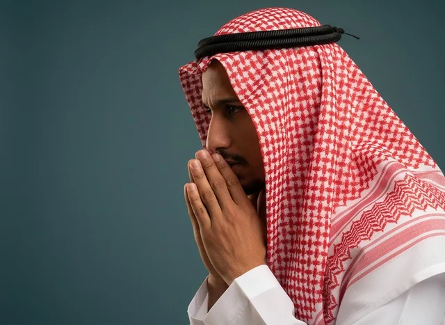 Saudi Man in Traditional Clothing Thinking in Studio