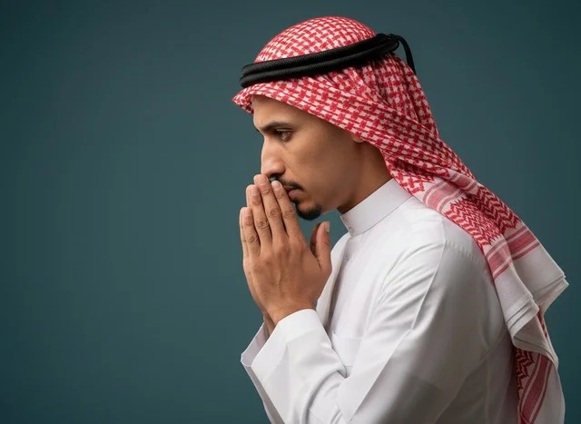 Saudi Man in Traditional Thobe and Ghutra Thinking