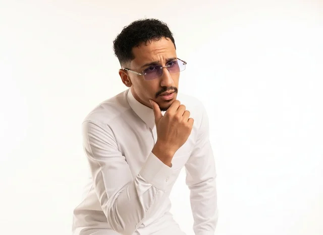 رجل سعودي بقميص أبيض ونظارات ملونة