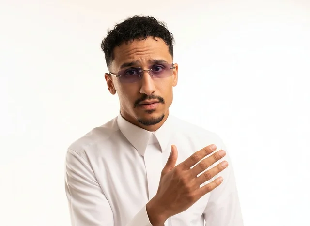 Saudi Man in White Thobe and Sunglasses Studio Portrait