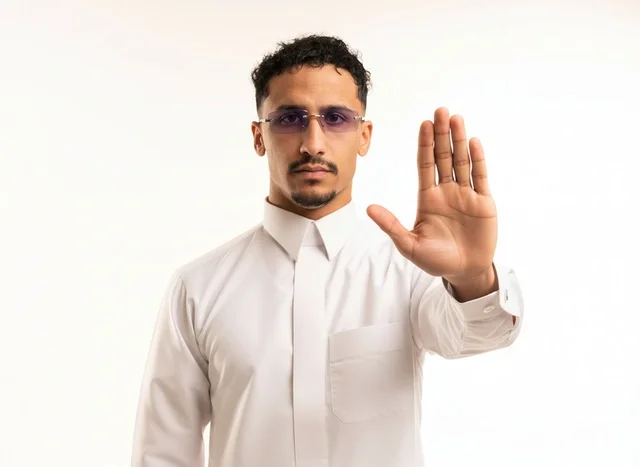 Saudi Man in White Thobe Making Stop Gesture