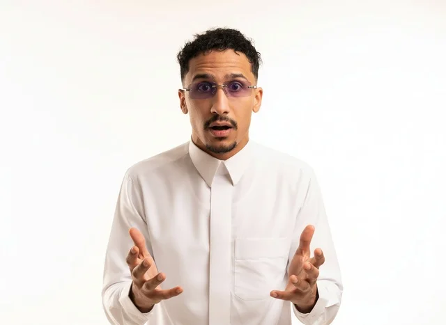 Saudi Man in White Thobe with Shocked Expression