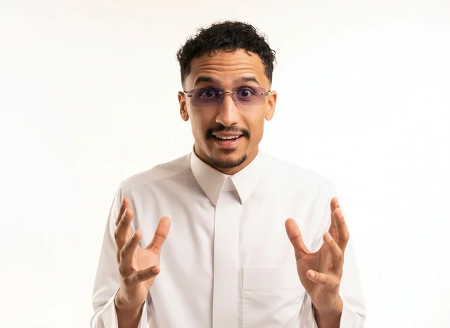 Surprised Saudi Man in White Thobe Studio Portrait