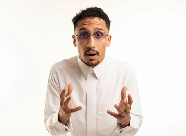 A portrait of a young Saudi man with a surprised expression in a white thobe.