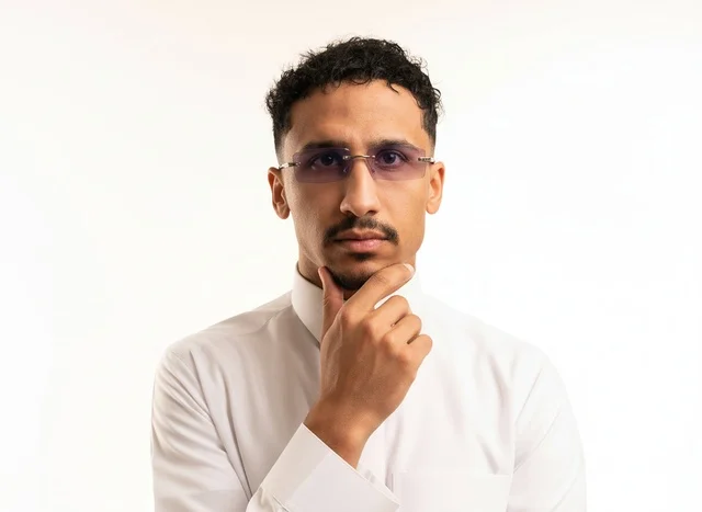 Saudi Man in White Thobe Thinking on White Background