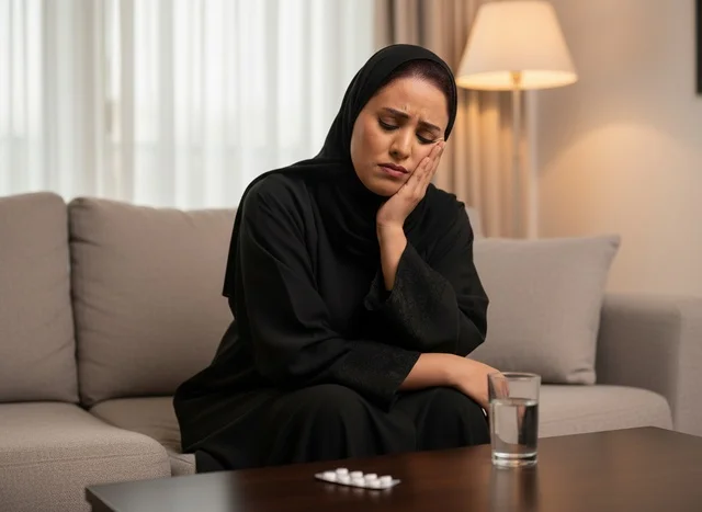 Saudi Woman in Abaya with Toothache Pain