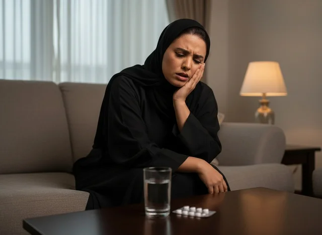 امرأة سعودية بالعباءة تعاني من ألم في الأسنان